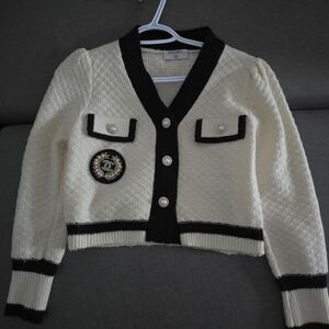 Cream & Black Cropped Cardigan with Faux Pearl Buttons
